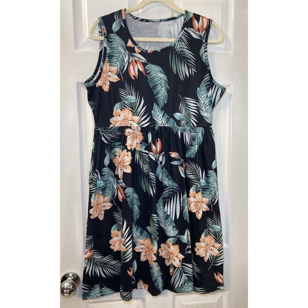 Black Green Orange Floral Sleeveless Knee Length A-Line Dress Pockets Size L